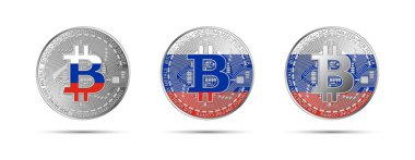 Rusya bayrağı taşıyan üç Bitcoin kripto sikkesi. Geleceğin parası. Modern kripto para birimi vektör çizimi