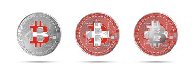 İsviçre bayrağı taşıyan üç Bitcoin kripto sikkesi. Geleceğin parası. Modern kripto para birimi vektör çizimi