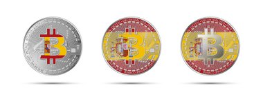 İspanya bayrağı taşıyan üç Bitcoin kripto sikkesi. Geleceğin parası. Modern kripto para birimi vektör çizimi