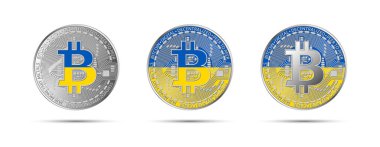 Ukrayna bayrağı taşıyan üç Bitcoin kripto sikkesi. Geleceğin parası. Modern kripto para birimi vektör çizimi