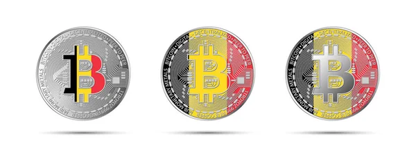 Три Крипто Монети Біткоїна Прапором Бельгії Гроші Майбутнього Сучасне Криптовалютне — стоковий вектор