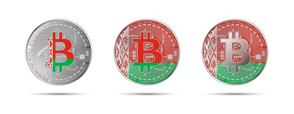 Tres Monedas Criptográficas Bitcoin Con Bandera Bielorrusia Dinero Del Futuro — Vector de stock