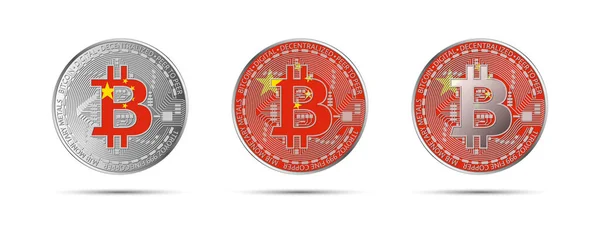 Három Bitcoin Kripto Érme Kína Zászlajával Jövő Pénze Modern Cryptocurrency — Stock Vector