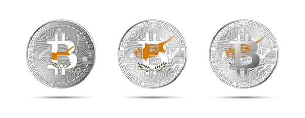 Tres Monedas Criptomonedas Bitcoin Con Bandera Chipre Dinero Del Futuro — Vector de stock