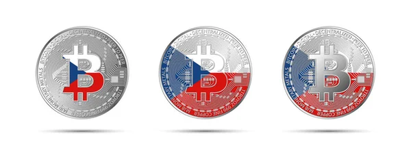 Tres Monedas Criptomonedas Bitcoin Con Bandera República Checa Dinero Checo — Vector de stock