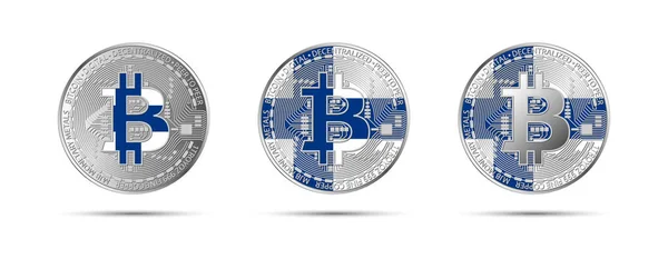 Tres Monedas Criptomonedas Bitcoin Con Bandera Finlandia Dinero Del Futuro — Vector de stock