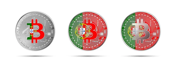 Tres Monedas Criptomonedas Bitcoin Con Bandera Portugal Dinero Del Futuro — Vector de stock