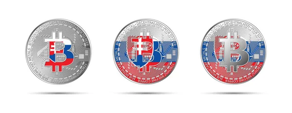 Три Крипто Монети Біткоїна Прапором Словаччини Гроші Майбутнього Сучасне Криптовалютне — стоковий вектор