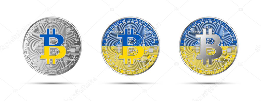 Three Bitcoin crypto coins with the flag of Ukraine. Money of the future. Modern cryptocurrency vector illustration