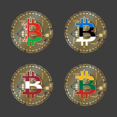 Four golden Bitcoin icons with flags of Belarus, Estonia, Latvia and Lithuania. Cryptocurrency technology symbol. Vector digital money icons isolated on grey background
