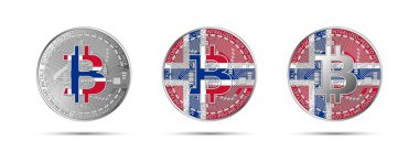 Three Bitcoin crypto coins with the flag of Norway. Money of the future. Modern cryptocurrency vector illustration