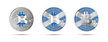 Three Bitcoin crypto coins with the flag of Scotland. Money of the future. Modern cryptocurrency vector illustration