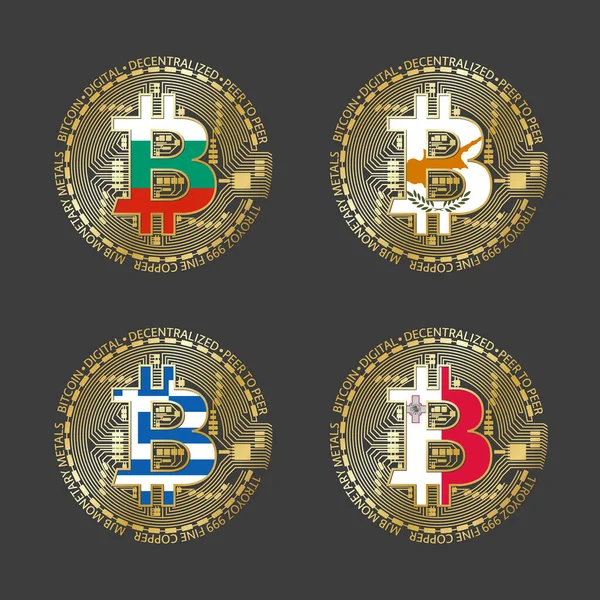 Four Golden Bitcoin Icons Flags Bulgaria Cyprus Greece Malta Cryptocurrency — Vector de stock