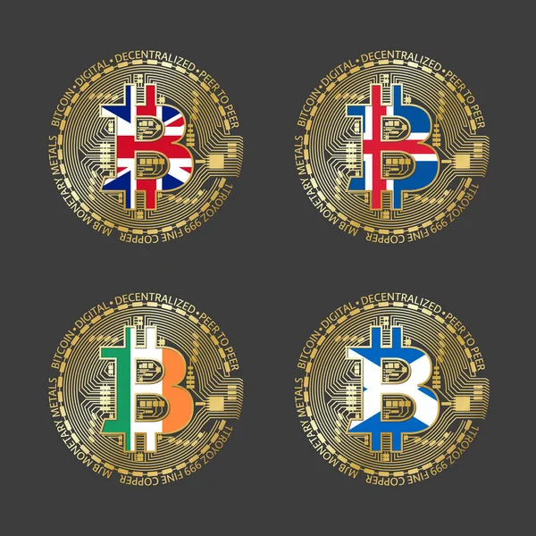 Four Golden Bitcoin Icons Flags Britain Iceland Ireland Scotland Cryptocurrency — Stock Vector