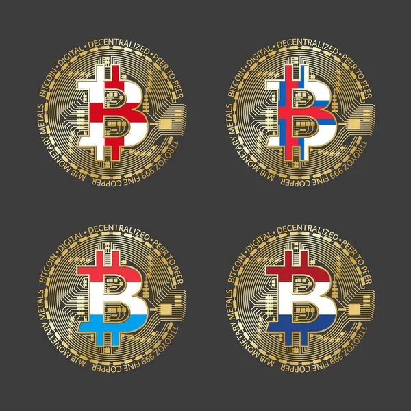 Four Golden Bitcoin Icons Flags England Faroe Islands Luxembourg Holland — Wektor stockowy