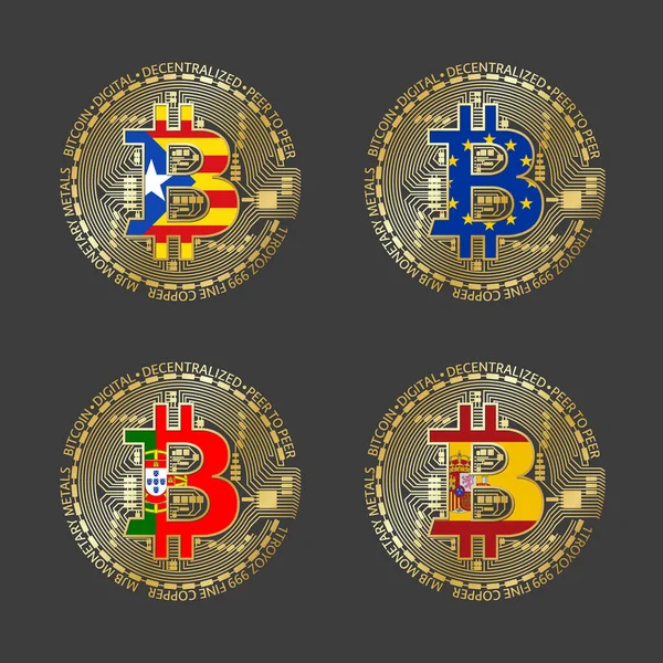 Four Golden Bitcoin Icons Flags Catalonia European Union Portugal Spain — Vector de stock