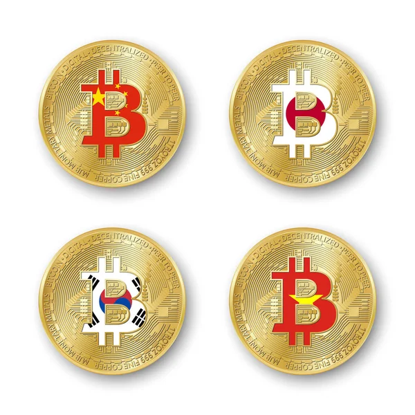 Four Golden Bitcoin Coins Flags China Japan South Korea Vietnam — Vector de stock