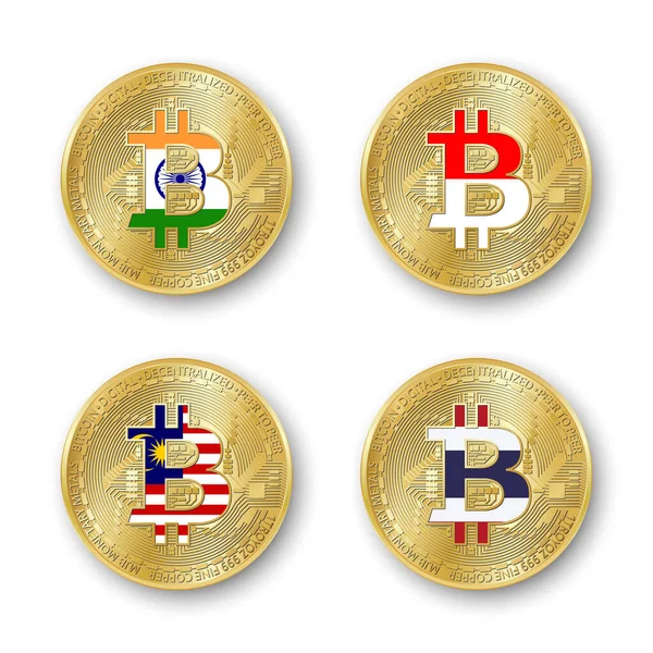 Four Golden Bitcoin Coins Flags India Indonesia Malaysia Thailand Vector — Stock Vector