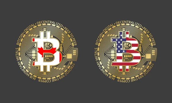Vier Goldene Bitcoin Symbole Mit Flaggen Von Kanada Und Amerika — Stockvektor
