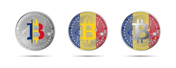 Three Bitcoin Crypto Coins Flag Romania Money Future Modern Cryptocurrency — Stock Vector