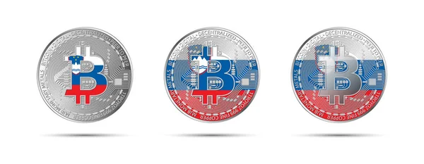 Three Bitcoin Crypto Coins Flag Slovenia Money Future Modern Cryptocurrency — Stock Vector
