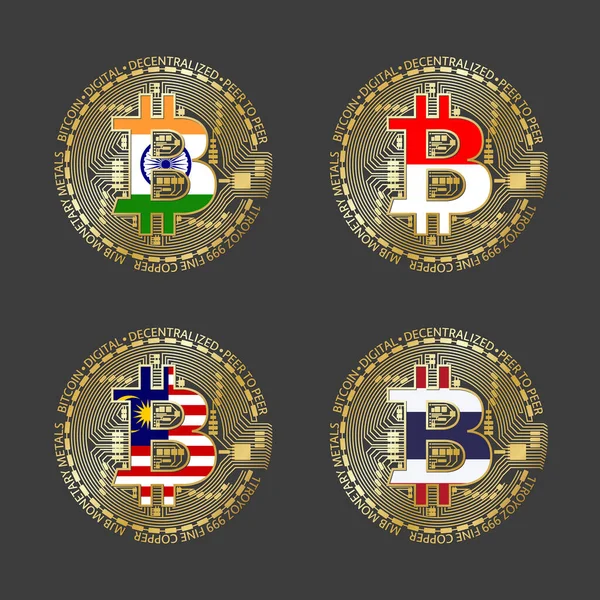 Four Golden Bitcoin Icons Flags India Indonesia Malaysia Thailand Cryptocurrency — Vector de stock