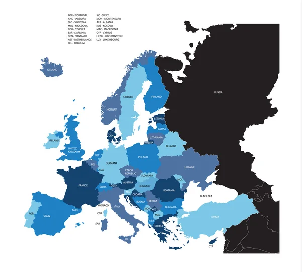 Mapa Evropy s názvem zemí — Stockový vektor