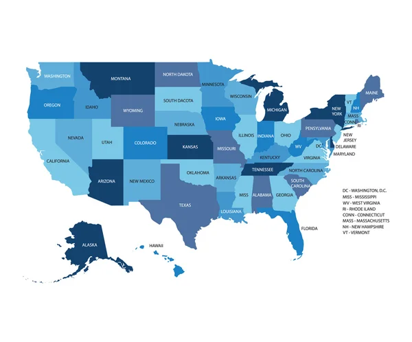 Blauwe vector kaart van Verenigde Staten van Amerika — Stockvector