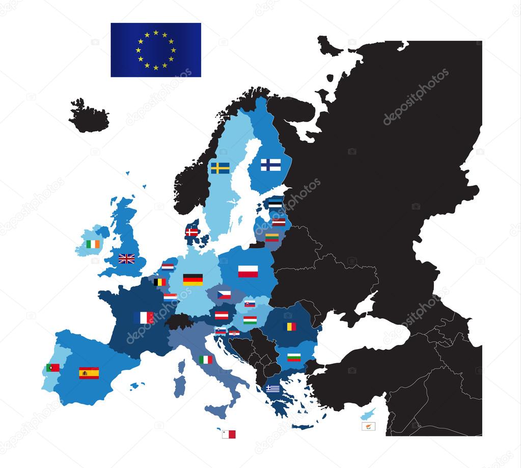 European Union map with flags of member countries