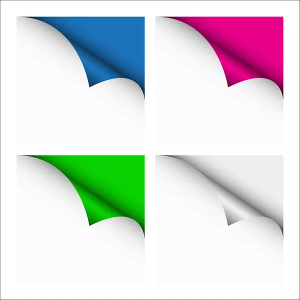 Set of four color curled corners of white sheets, vector illustration — Stock Vector