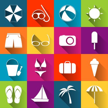 Yaz plaj simgeler, canlı üzerinde beyaz simgeler koleksiyonu kiremit renkli.