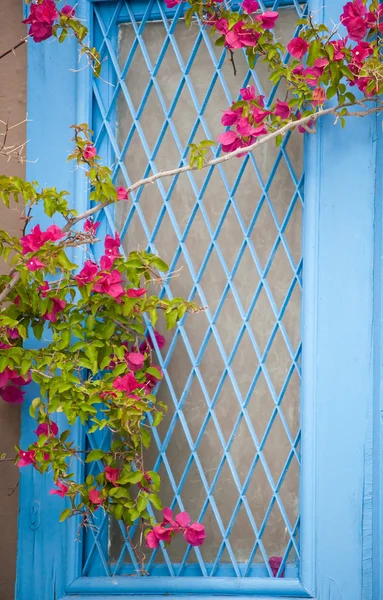传统的希腊门与九重奏花 — 图库照片