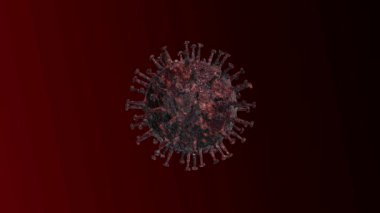 Bakteri uzayda uçuyor. Kırmızı arka planda bir virüs. Coronavirus Covid-19