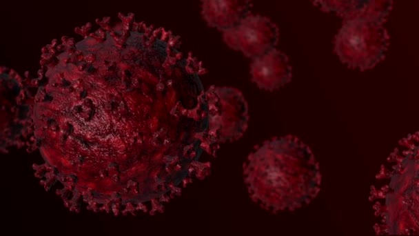 コロナウイルス変異体。細菌は空気中を飛んで環境に感染します。赤い背景の赤いウイルス. — ストック動画