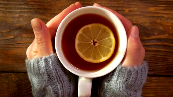 Chá quente com limão. Aqueça as palmas das mãos em uma caneca com uma bebida quente. Tratamento frio. — Vídeo de Stock