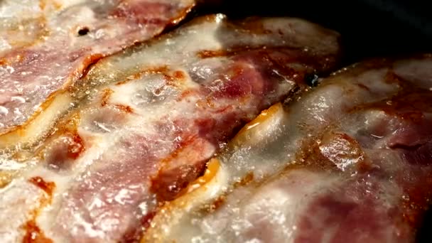 Freír el tocino en una sartén. Una rebanada de tocino de cerdo se prepara en su propia grasa. Capa de carne y manteca. Primer plano en la cocina. — Vídeos de Stock