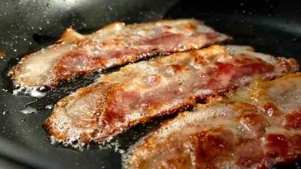 Prăjiţi şunca într-o tigaie. O felie de slănină de porc este preparată în propria grăsime. Strat de carne şi untură. De aproape în bucătărie . — Videoclip de stoc