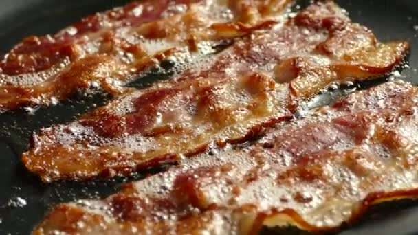 Fry the bacon in a pan. A slice of pork bacon is prepared in its own fat. Layer of meat and lard. Close up in the kitchen. — Stock Video