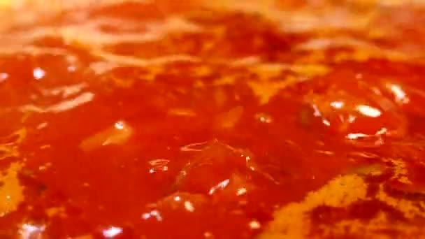 Flytande röd skål kokar i en kastrull. Ukrainska borsch. Gryta med grönsaker och bordsbetor och morötter. — Stockvideo