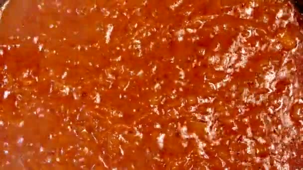 Le plat rouge liquide bout dans une casserole. Le bortsch ukrainien. Ragoût de légumes et betteraves de table et carottes. — Video