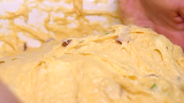 Kneading the dough. Knead the dough with your hands to bake baked goods. Making bread and Easter cake. Bun bakery. — Stock Video