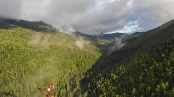 Paisagens Das Terras Altas Montanhas Floresta Coníferas Uma Altura Nuvens — Vídeo de Stock