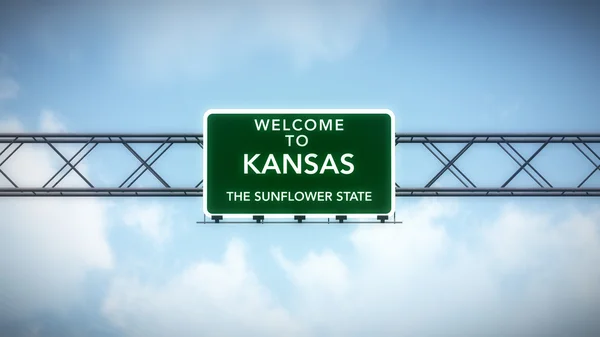 Kansas VS staat Welkom bij Highway Road Sign — Stockfoto