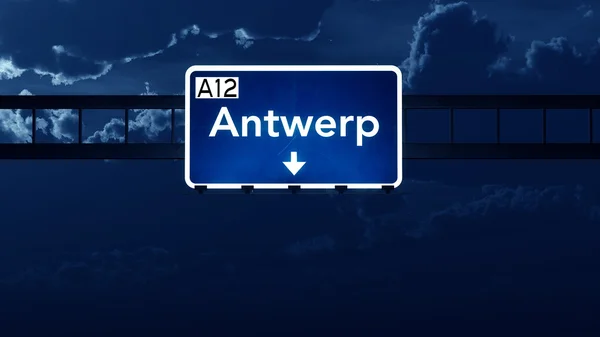 Antwerp Belgium Highway Road Sign at Night — Stock Photo, Image