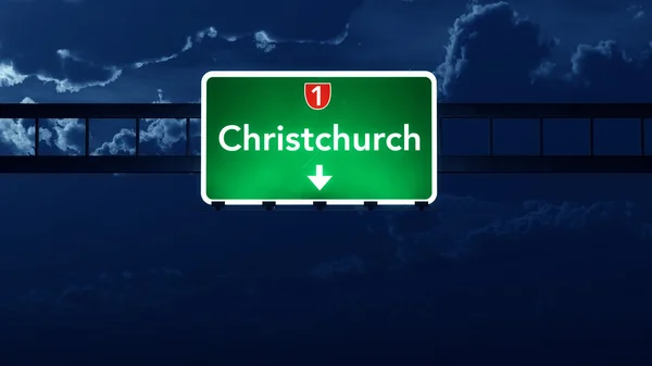 Christchurch New Zealand Highway Road Sign at Night — Stock Photo, Image