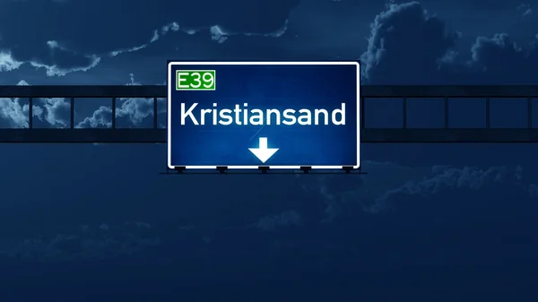 Kristiansand Noorwegen Highway Road Sign at Night — Stockfoto