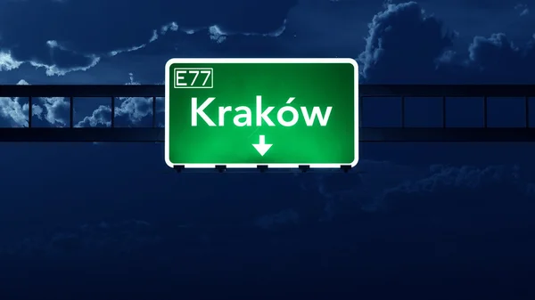 Krakow Polandia Highway Road Sign di Malam hari — Stok Foto