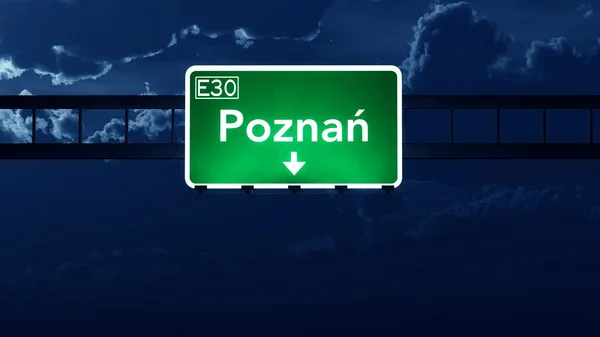 Poznan Poland Highway Road Sign at Night — Stock Photo, Image