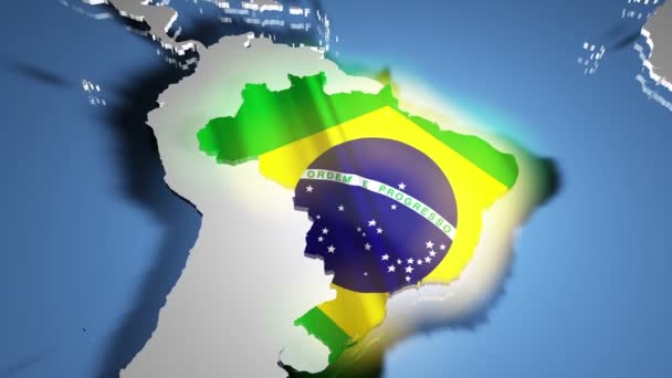 Бразилия с флагом на карте мира — стоковое видео