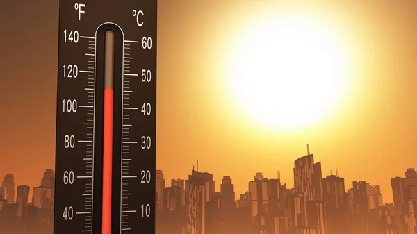 Termómetro que muestra calor en Fahrenheit y Celsius Imagen de archivo